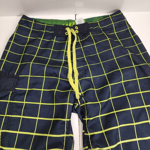 Amp Energy Black & Neon Green Plaid Water Swim Trunks Board Shorts Men's Size 34 - Picture 2 of 10